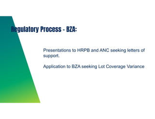 Presentations to HRPB and ANC seeking letters of
support.
Application to BZA seeking Lot Coverage Variance
Regulatory Process – BZA:
 