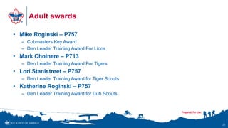 Adult awards
• Mike Roginski – P757
– Cubmasters Key Award
– Den Leader Training Award For Lions
• Mark Choinere – P713
– Den Leader Training Award For Tigers
• Lori Stanistreet – P757
– Den Leader Training Award for Tiger Scouts
• Katherine Roginski – P757
– Den Leader Training Award for Cub Scouts
23
 