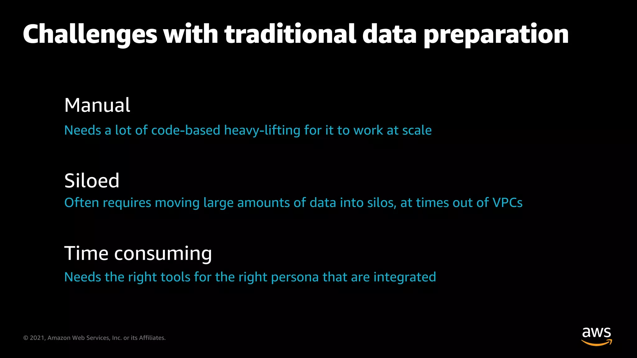 © 2021, Amazon Web Services, Inc. or its Affiliates.
Challenges with traditional data preparation
Time consuming
Needs the right tools for the right persona that are integrated
Manual
Needs a lot of code-based heavy-lifting for it to work at scale
Siloed
Often requires moving large amounts of data into silos, at times out of VPCs
 