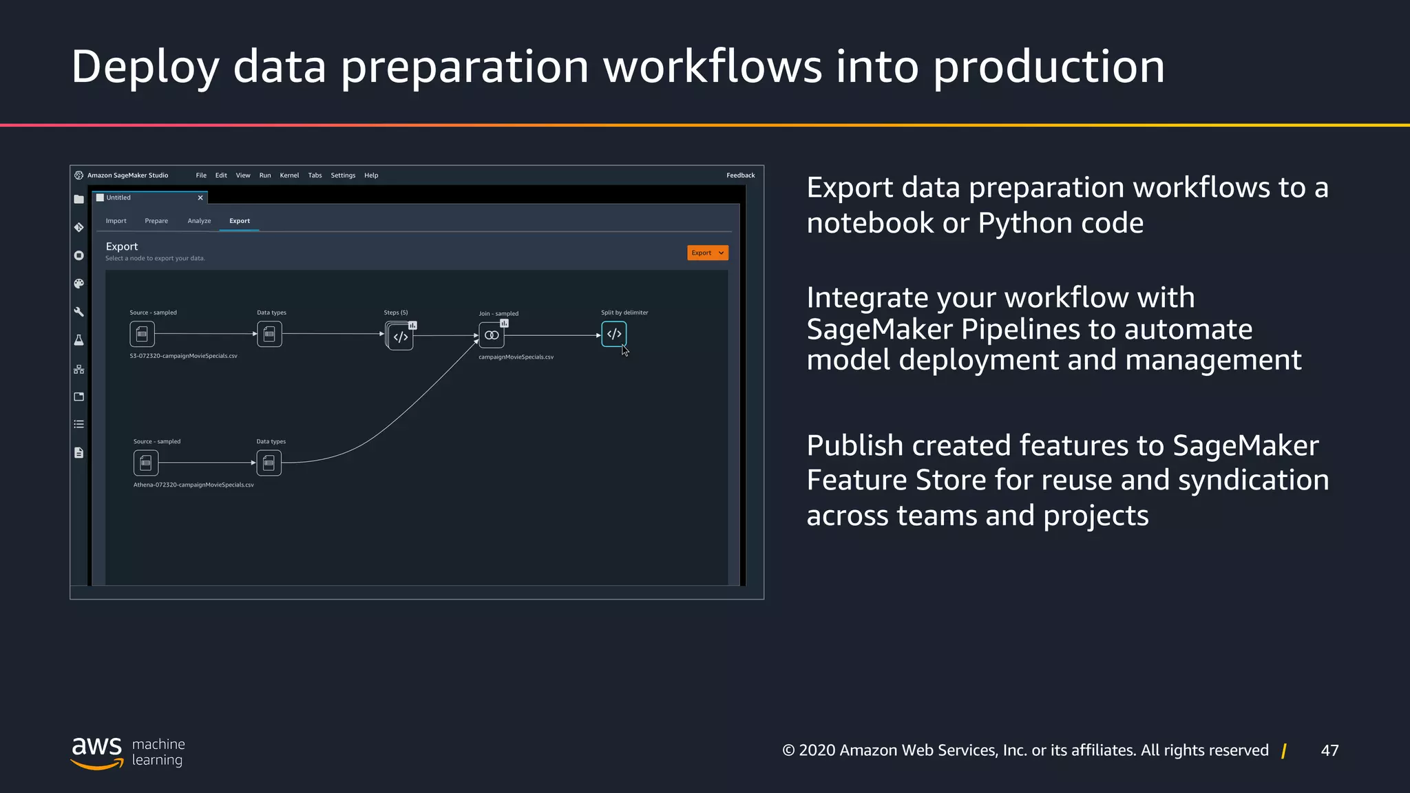 47
© 2020 Amazon Web Services, Inc. or its affiliates. All rights reserved |
Deploy data preparation workflows into production
Export data preparation workflows to a
notebook or Python code
Integrate your workflow with
SageMaker Pipelines to automate
model deployment and management
Publish created features to SageMaker
Feature Store for reuse and syndication
across teams and projects
 