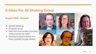 August 2020 - Present
● Monthly Meetings
● 45 person group
● Hear from communities promoting
e-bikes across the nation
● Working to expand access to e-
bikes hopefully through rebates
Forth 5
E-bikes For All Working Group
Photo @Dylan VanWeelden
 