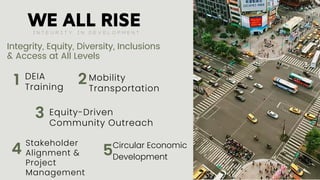 Goulcrest Learning Center
Equity-Driven
Community Outreach
4
Stakeholder
Alignment &
Project
Management
5Circular Economic
Development
Integrity, Equity, Diversity, Inclusions
& Access at All Levels
1 DEIA
Training
Mobility
Transportation
3
2
 