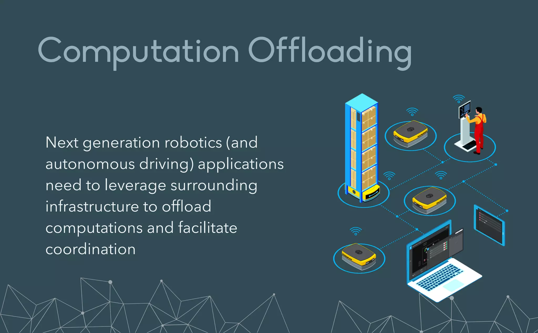 Computation Offloading
Next generation robotics (and
autonomous driving) applications
need to leverage surrounding
infrastructure to of
fl
oad
computations and facilitate
coordination
 