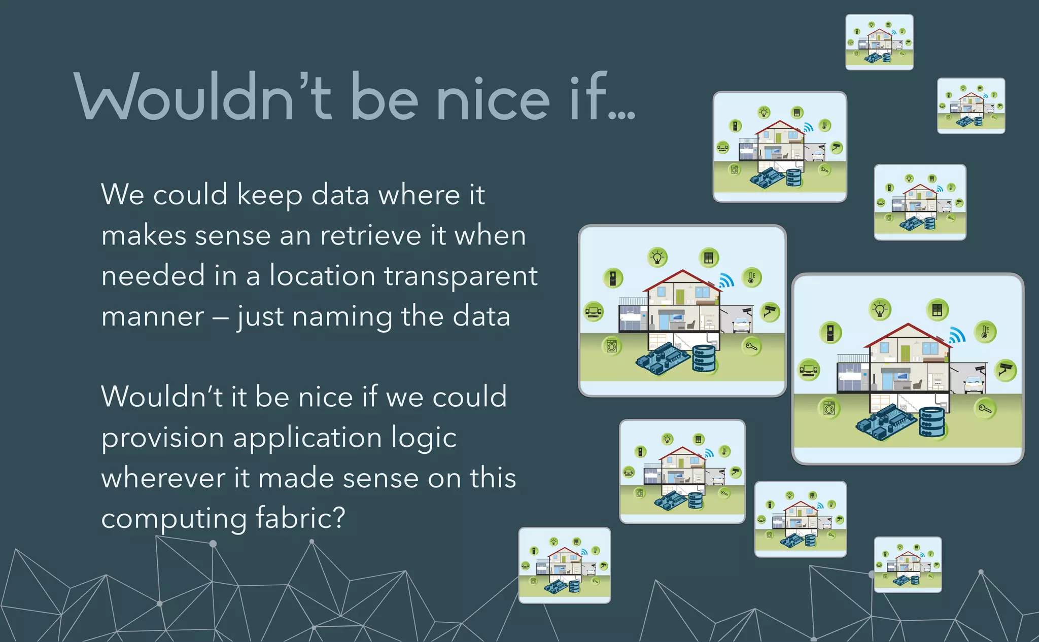 Wouldn’t be nice if…
We could keep data where it
makes sense an retrieve it when
needed in a location transparent
manner — just naming the data


Wouldn’t it be nice if we could
provision application logic
wherever it made sense on this
computing fabric?


 