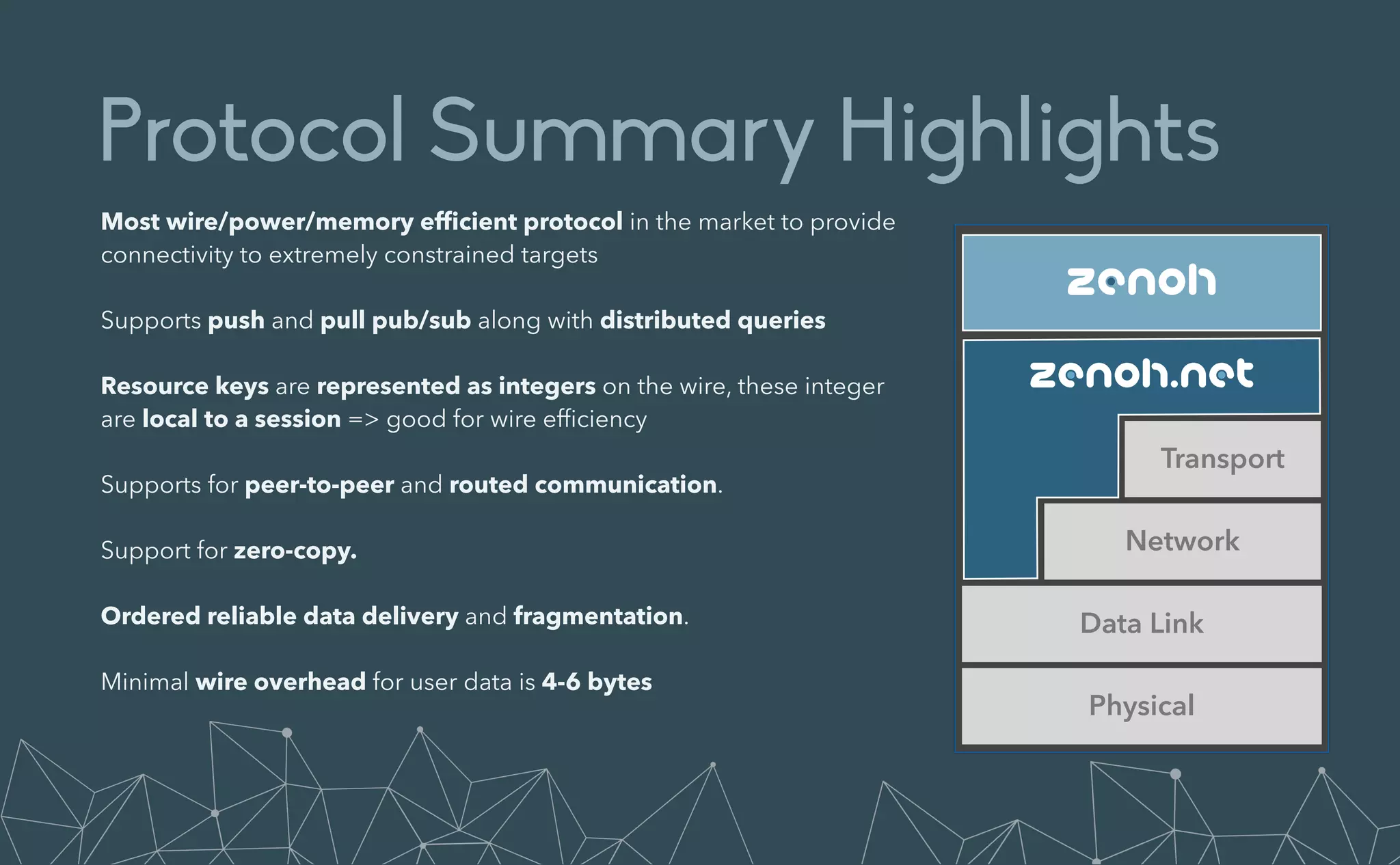 Protocol Summary Highlights
Most wire/power/memory ef
fi
cient protocol in the market to provide
connectivity to extremely constrained targets


Supports push and pull pub/sub along with distributed queries


Resource keys are represented as integers on the wire, these integer
are local to a session => good for wire ef
fi
ciency


Supports for peer-to-peer and routed communication.


Support for zero-copy.


Ordered reliable data delivery and fragmentation.


Minimal wire overhead for user data is 4-6 bytes


Data Link
Network
Transport
Physical
zenoh
zenoh.net
 