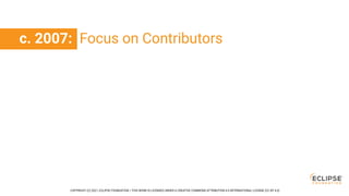 COPYRIGHT (C) 2021, ECLIPSE FOUNDATION. | THIS WORK IS LICENSED UNDER A CREATIVE COMMONS ATTRIBUTION 4.0 INTERNATIONAL LICENSE (CC BY 4.0)
c. 2007: Focus on Contributors
 