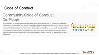 COPYRIGHT (C) 2021, ECLIPSE FOUNDATION. | THIS WORK IS LICENSED UNDER A CREATIVE COMMONS ATTRIBUTION 4.0 INTERNATIONAL LICENSE (CC BY 4.0)
Code of Conduct
 