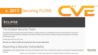 COPYRIGHT (C) 2021, ECLIPSE FOUNDATION. | THIS WORK IS LICENSED UNDER A CREATIVE COMMONS ATTRIBUTION 4.0 INTERNATIONAL LICENSE (CC BY 4.0)
c. 2017: Securing FLOSS
 