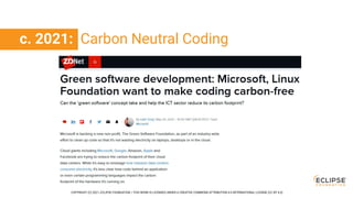 COPYRIGHT (C) 2021, ECLIPSE FOUNDATION. | THIS WORK IS LICENSED UNDER A CREATIVE COMMONS ATTRIBUTION 4.0 INTERNATIONAL LICENSE (CC BY 4.0)
c. 2021: Carbon Neutral Coding
 