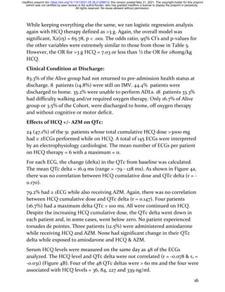 16
While keeping everything else the same, we ran logistic regression analysis
again with HCQ therapy defined as >3 g. Again, the overall model was
significant, X2(15) = 65.78, p < .001. The odds ratio, 95% CI’s and p-values for
the other variables were extremely similar to those from those in Table 5.
However, the OR for >3 g HCQ = 7.03 or less than ½ the OR for ≥80mg/kg
HCQ.
Clinical Condition at Discharge:
83.3% of the Alive group had not returned to pre-admission health status at
discharge. 8 patients (14.8%) were still on IMV. 44.4% patients were
discharged to home. 35.2% were unable to perform ADLs. 18 patients 33.3%
had difficulty walking and/or required oxygen therapy. Only 16.7% of Alive
group or 3.5% of the Cohort, were discharged to home, off oxygen therapy
and without cognitive or motor deficit.
Effects of HCQ +/- AZM on QTc:
24 (47.1%) of the 51 patients whose total cumulative HCQ dose >3000 mg
had ≥ 2ECGs performed while on HCQ. A total of 145 ECGs were interpreted
by an electrophysiology cardiologist. The mean number of ECGs per patient
on HCQ therapy = 6 with a maximum = 11.
For each ECG, the change (delta) in the QTc from baseline was calculated.
The mean QTc delta = 16.9 ms (range = -79 - 128 ms). As shown in Figure 4a,
there was no correlation between HCQ cumulative dose and QTc delta (r = -
0.170).
79.2% had ≥ 1ECG while also receiving AZM. Again, there was no correlation
between HCQ cumulative dose and QTc delta (r = 0.147). Four patients
(16.7%) had a maximum delta QTc > 100 ms. All were continued on HCQ.
Despite the increasing HCQ cumulative dose, the QTc delta went down in
each patient and, in some cases, went below zero. No patient experienced
torsades de pointes. Three patients (12.5%) were administered amiodarone
while receiving HCQ and AZM. None had significant change in their QTc
delta while exposed to amiodarone and HCQ & AZM.
Serum HCQ levels were measured on the same day as 48 of the ECGs
analyzed. The HCQ level and QTc delta were not correlated (r = -0.078 & rs =
-0.031) (Figure 4B). Four of the 48 QTc deltas were > 60 ms and the four were
associated with HCQ levels = 36, 84, 227 and 339 ng/ml.
All rights reserved. No reuse allowed without permission.
(which was not certified by peer review) is the author/funder, who has granted medRxiv a license to display the preprint in perpetuity.
The copyright holder for this preprint
this version posted May 31, 2021.
;
https://doi.org/10.1101/2021.05.28.21258012
doi:
medRxiv preprint
 