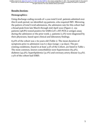 5
Results Section:
Demographics:
Using discharge coding records of >1,200 total Covid patients admitted over
this 8-week period, we identified 255 patients, who required IMV. Mirroring
the pattern of total Covid admissions, the admission rate for this cohort had
a broad peak from late March through mid-April 2020 (Figure 1). 252
patients (98.8%) tested positive for SARS-CoV-2 RT-PCR or antigen assay
during the admission or the prior week; 3 patients (1.2%) were diagnosed by
their physicians, based upon clinical and laboratory findings.
63.6% of the cohort was ≥ 60 years-old (Table 1). The mean duration of
symptoms prior to admission was 6.7 days (range: 1-30 days). The pre-
existing conditions, found in at least 3.5% of the Cohort, are listed in Table 1.
The most common, known comorbidities were hypertension (63.5%),
diabetes (45.5%), hyperlipidemia (31.0%) and coronary artery disease (13.3%).
7.5% of the cohort had ESRD.
All rights reserved. No reuse allowed without permission.
(which was not certified by peer review) is the author/funder, who has granted medRxiv a license to display the preprint in perpetuity.
The copyright holder for this preprint
this version posted May 31, 2021.
;
https://doi.org/10.1101/2021.05.28.21258012
doi:
medRxiv preprint
 