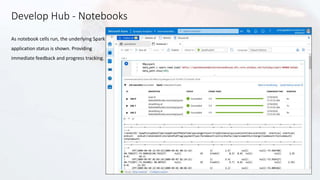 Develop Hub - Notebooks
As notebook cells run, the underlying Spark
application status is shown. Providing
immediate feedback and progress tracking.​
 