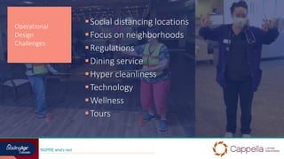 INSPIRE what’s next
Social distancing locations
Focus on neighborhoods
Regulations
Dining service
Hyper cleanliness
...