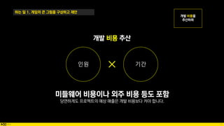 15
하는 일 1. 게임의 큰 그림을 구상하고 제안
인원 기간
개발 비용 추산
미들웨어 비용이나 외주 비용 등도 포함
당연하게도 프로젝트의 예상 매출은 개발 비용보다 커야 합니다.
 