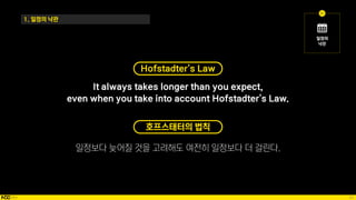 63
1. 일정의 낙관
Hofstadter's Law
It always takes longer than you expect,
even when you take into account Hofstadter's Law.
호프스태터의 법칙
 