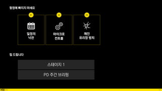 86
함정에 빠지지 마세요
팁 드립니다
스테이지 1
PD 주간 브리핑
 