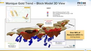12
Monique Gold Trend – Block Model 3D View
Mining Lease
Legend
New In-Pit Resource (Au g/t > 0.42)
New Underground Resource (Au g/t > 1.65)
Conceptual Pits
Former Monique Mine
MONIQUE TREND
DEPOSITS
M&I: 672,800 oz
Inf: 671,400 oz
UNDERGROUND RESOURCE
M&I: 124,800 oz
Inf: 260,400 oz
PIT CONSTRAINED
RESOURCE
M&I: 548,000oz
Inf: 411,000 oz
N
Over 90% of
Resource within the
mining lease
 