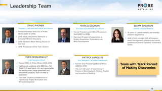 Leadership Team
19
DAVID PALMER
President, Chief Executive Officer and Director
MARCO GAGNON
Executive Vice President and Director
PATRICK LANGLOIS
Vice President, Corporate Development
▷ Former President and CEO of Adventure
Gold (2007 to 2016)
▷ Has over 25 years of experience in
Project Acquisition, Exploration and
Mine Development
▷ Former President and CEO of Probe
Mines (2003 to 2015)
▷ 2015: PDAC Bill Dennis Award for a
Canadian Mineral Discovery
▷ 2015: Northern Miner Mining Person of
the Year
▷ 2014: Prospector of the Year, Ontario
▷ Former Vice President of Probe Mines
(2012 to 2015)
▷ Has over 20 years of experience in
Corporate Development, Venture Capital
and Investment Banking
Team with Track Record
of Making Discoveries
YVES DESSUREAULT
Chief Operating Officer
▷ Former COO of Probe Mines (2014-2015)
▷ Held senior positions with BBA Inc., Rio
Tinto PLC and Hatch Ltd. and responsible
for leading many large greenfield and
brownfield projects, from studies to
execution
▷ Has over 25 years of experience in
Operations, Project Evaluation and
Mine Development
SEEMA SINDWANI
Director, Investor Relations
▷ 15 years of capital markets and investor
relations experience
▷ Held a fund manager with a European
asset management company and senior
positions at several Canadian investment
banks
 