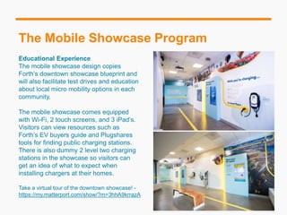 Educational Experience
The mobile showcase design copies
Forth’s downtown showcase blueprint and
will also facilitate test drives and education
about local micro mobility options in each
community.
The mobile showcase comes equipped
with Wi-Fi, 2 touch screens, and 3 iPad’s.
Visitors can view resources such as
Forth’s EV buyers guide and Plugshares
tools for finding public charging stations.
There is also dummy 2 level two charging
stations in the showcase so visitors can
get an idea of what to expect when
installing chargers at their homes.
Take a virtual tour of the downtown showcase! -
https://my.matterport.com/show/?m=3hhA9krrazA
The Mobile Showcase Program
August 25, 2021 Forth
 