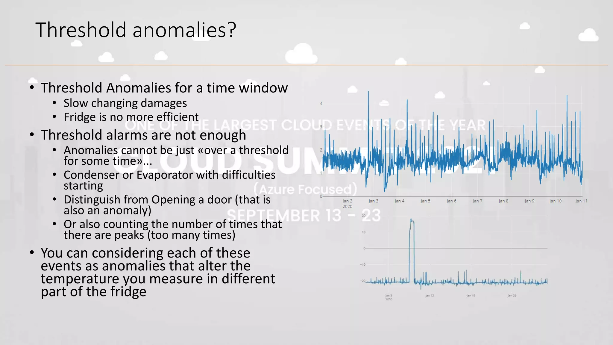 Threshold anomalies?
• Threshold Anomalies for a time window
• Slow changing damages
• Fridge is no more efficient
• Threshold alarms are not enough
• Anomalies cannot be just «over a threshold
for some time»...
• Condenser or Evaporator with difficulties
starting
• Distinguish from Opening a door (that is
also an anomaly)
• Or also counting the number of times that
there are peaks (too many times)
• You can considering each of these
events as anomalies that alter the
temperature you measure in different
part of the fridge
 