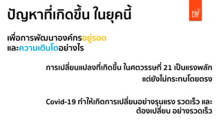 ปัญหาที่เกิดขึ้น ในยุคนี้
เพื่อการพัฒนาองค์กรอยู่รอด
และความเติบโตอย่างไร
การเปลี่ยนแปลงที่เกิดขึ้น ในศตวรรษที่ 21 เป็นแรงพลัก
แต่ยังไม่กระทบโดยตรง
Covid-19 ทําให้เกิดการเปลี่ยนอย่างรุนแรง รวดเร็ว และ
ต้องเปลี่ยน อย่างรวดเร็ว
 