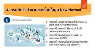 4 เทรนด์การทํางานของโลกในยุค New Normal
u เทรนด์ที่ 1 การทํางานระยะไกล (Remote
Work and Virtual Meetings)
u เทรนด์ที่ 2 การปรับใช้ระบบอัตโนมัติ
(Automation and AI)
u เทรนด์ที่ 3 การเข้าสู่แพลตฟอร์ม e-
commerce มากขึ้น
u เทรนด์ที่ 4 การเปลี่ยนมาเป็นแรงงานอิสระ
(Self-employed / Gig Workers)
 