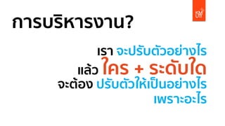 การบริหารงาน?
เรา จะปรับตัวอย่างไร
แล้ว ใคร + ระดับใด
จะต้อง ปรับตัวให้เป็นอย่างไร
เพราะอะไร
 