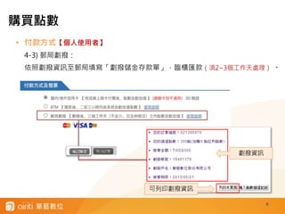 • 付款方式【個人使用者】
4-3) 郵局劃撥：
依照劃撥資訊至郵局填寫「劃撥儲金存款單」，臨櫃匯款（須2~3個工作天處理） 。
8
劃撥資訊
可列印劃撥資訊
購買點數
 