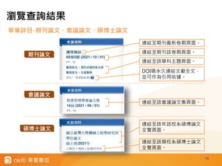 單筆詳目-期刊論文、會議論文、碩博士論文
19
瀏覽查詢結果
期刊論文
會議論文
碩博士論文
連結至該年該校系碩博論文
全覽頁面。
連結至該類校系碩博士論文
全覽頁面。
連結至該會議論文集頁面。
連結至期刊最新卷期頁面。
連結至期刊該卷期頁面。
連結至該學科主題頁面。
DOI碼永久連結文獻全文，
並可作為引用依據。
 