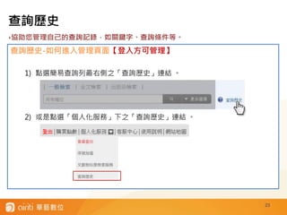 23
查詢歷史
‣協助您管理自己的查詢記錄，如關鍵字、查詢條件等。
查詢歷史-如何進入管理頁面【登入方可管理】
1) 點選簡易查詢列最右側之「查詢歷史」連結 。
2) 或是點選「個人化服務」下之「查詢歷史」連結 。
 