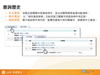25
查詢歷史
• 本次查詢：自動記錄關鍵字與查詢條件，登出或關閉網頁後便自動清除。
• 過去查詢： 以「儲存查詢策略」功能保留之關鍵字與查詢條件等記錄。
• 查詢策略：顯示查詢條件等內容，點擊則會執行相同關鍵字、篩選條件之查詢。
回到上一層
BACK
 