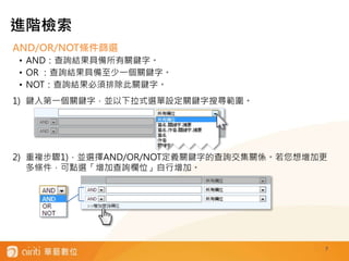 7
AND/OR/NOT條件篩選
• AND：查詢結果具備所有關鍵字。
• OR ：查詢結果具備至少一個關鍵字。
• NOT：查詢結果必須排除此關鍵字。
1) 鍵入第一個關鍵字，並以下拉式選單設定關鍵字搜尋範圍。
2) 重複步驟1)，並選擇AND/OR/NOT定義關鍵字的查詢交集關係。若您想增加更
多條件，可點選「增加查詢欄位」自行增加。
進階檢索
 
