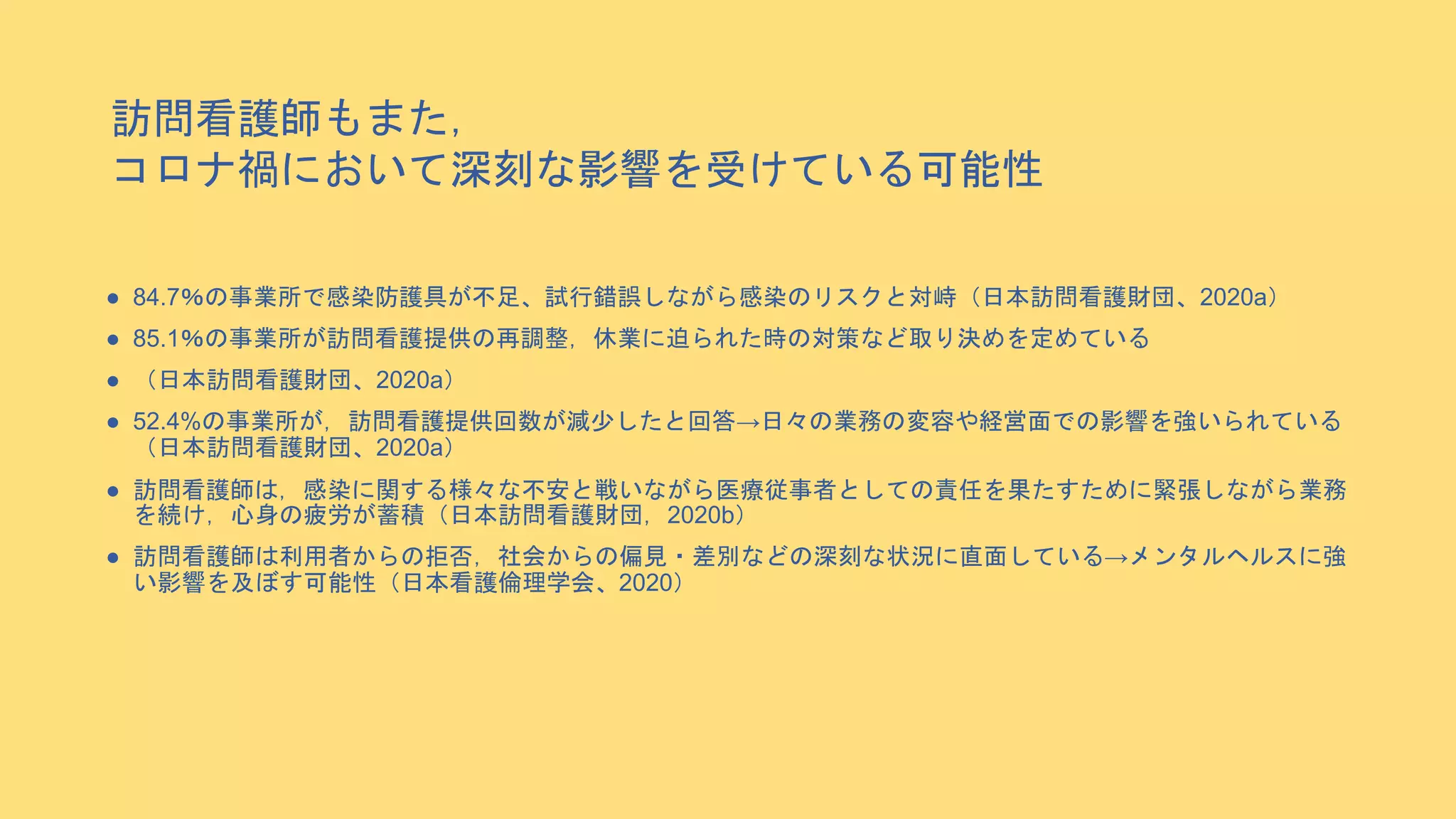 ● 84.7％の事業所で感染防護具が不足、試行錯誤しながら感染のリスクと対峙（日本訪問看護財団、2020a）
● 85.1％の事業所が訪問看護提供の再調整，休業に迫られた時の対策など取り決めを定めている
● （日本訪問看護財団、2020a）
● 52.4%の事業所が，訪問看護提供回数が減少したと回答→日々の業務の変容や経営面での影響を強いられている
（日本訪問看護財団、2020a）
● 訪問看護師は，感染に関する様々な不安と戦いながら医療従事者としての責任を果たすために緊張しながら業務
を続け，心身の疲労が蓄積（日本訪問看護財団，2020b）
● 訪問看護師は利用者からの拒否，社会からの偏見・差別などの深刻な状況に直面している→メンタルヘルスに強
い影響を及ぼす可能性（日本看護倫理学会、2020）
訪問看護師もまた，
コロナ禍において深刻な影響を受けている可能性
 