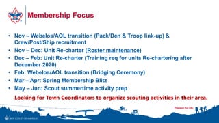 • Nov – Webelos/AOL transition (Pack/Den & Troop link-up) &
Crew/Post/Ship recruitment
• Nov – Dec: Unit Re-charter (Roster maintenance)
• Dec – Feb: Unit Re-charter (Training req for units Re-chartering after
December 2020)
• Feb: Webelos/AOL transition (Bridging Ceremony)
• Mar – Apr: Spring Membership Blitz
• May – Jun: Scout summertime activity prep
Membership Focus
Looking for Town Coordinators to organize scouting activities in their area.
 
