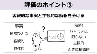 解釈
ひとつとは
限らない
主観的
ときに抽象的
評価のポイント③
事実
通常ひとつ
客観的
具体的
？
客観的な事実と主観的な解釈を分ける
 