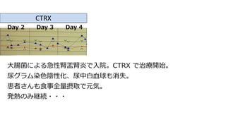 CTRX
Day 2 Day 3 Day 4
⼤腸菌による急性腎盂腎炎で⼊院。CTRX で治療開始。
尿グラム染⾊陰性化、尿中⽩⾎球も消失。
患者さんも⾷事全量摂取で元気。
発熱のみ継続・・・
 