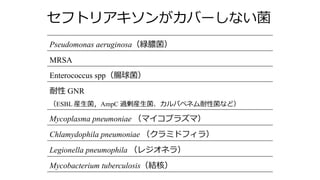 Pseudomonas aeruginosa（緑膿菌）
MRSA
Enterococcus spp（腸球菌）
耐性 GNR
（ESBL 産⽣菌，AmpC 過剰産⽣菌、カルバペネム耐性菌など）
Mycoplasma pneumoniae （マイコプラズマ）
Chlamydophila pneumoniae （クラミドフィラ）
Legionella pneumophila （レジオネラ）
Mycobacterium tuberculosis（結核）
セフトリアキソンがカバーしない菌
 