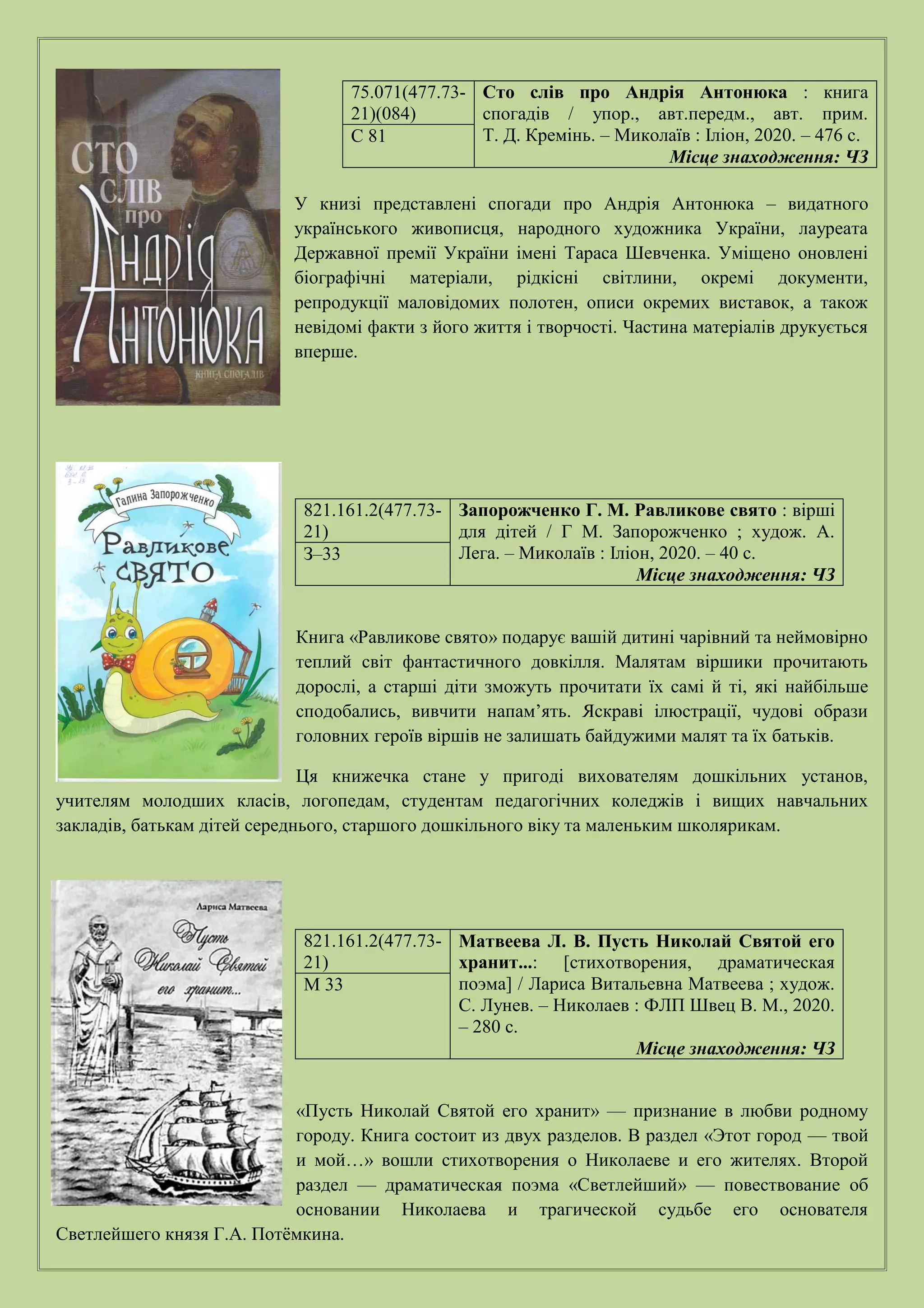 75.071(477.73-
21)(084)
Сто слів про Андрія Антонюка : книга
спогадів / упор., авт.передм., авт. прим.
Т. Д. Кремінь. – Миколаїв : Іліон, 2020. – 476 с.
Місце знаходження: ЧЗ
С 81
У книзі представлені спогади про Андрія Антонюка – видатного
українського живописця, народного художника України, лауреата
Державної премії України імені Тараса Шевченка. Уміщено оновлені
біографічні матеріали, рідкісні світлини, окремі документи,
репродукції маловідомих полотен, описи окремих виставок, а також
невідомі факти з його життя і творчості. Частина матеріалів друкується
вперше.
Книга «Равликове свято» подарує вашій дитині чарівний та неймовірно
теплий світ фантастичного довкілля. Малятам віршики прочитають
дорослі, а старші діти зможуть прочитати їх самі й ті, які найбільше
сподобались, вивчити напам’ять. Яскраві ілюстрації, чудові образи
головних героїв віршів не залишать байдужими малят та їх батьків.
Ця книжечка стане у пригоді вихователям дошкільних установ,
учителям молодших класів, логопедам, студентам педагогічних коледжів і вищих навчальних
закладів, батькам дітей середнього, старшого дошкільного віку та маленьким школярикам.
«Пусть Николай Святой его хранит» — признание в любви родному
городу. Книга состоит из двух разделов. В раздел «Этот город — твой
и мой…» вошли стихотворения о Николаеве и его жителях. Второй
раздел — драматическая поэма «Светлейший» — повествование об
основании Николаева и трагической судьбе его основателя
Светлейшего князя Г.А. Потёмкина.
821.161.2(477.73-
21)
Запорожченко Г. М. Равликове свято : вірші
для дітей / Г М. Запорожченко ; худож. А.
Лега. – Миколаїв : Іліон, 2020. – 40 с.
Місце знаходження: ЧЗ
З–33
821.161.2(477.73-
21)
Матвеева Л. В. Пусть Николай Святой его
хранит...: [стихотворения, драматическая
поэма] / Лариса Витальевна Матвеева ; худож.
С. Лунев. – Николаев : ФЛП Швец В. М., 2020.
– 280 с.
Місце знаходження: ЧЗ
М 33
 