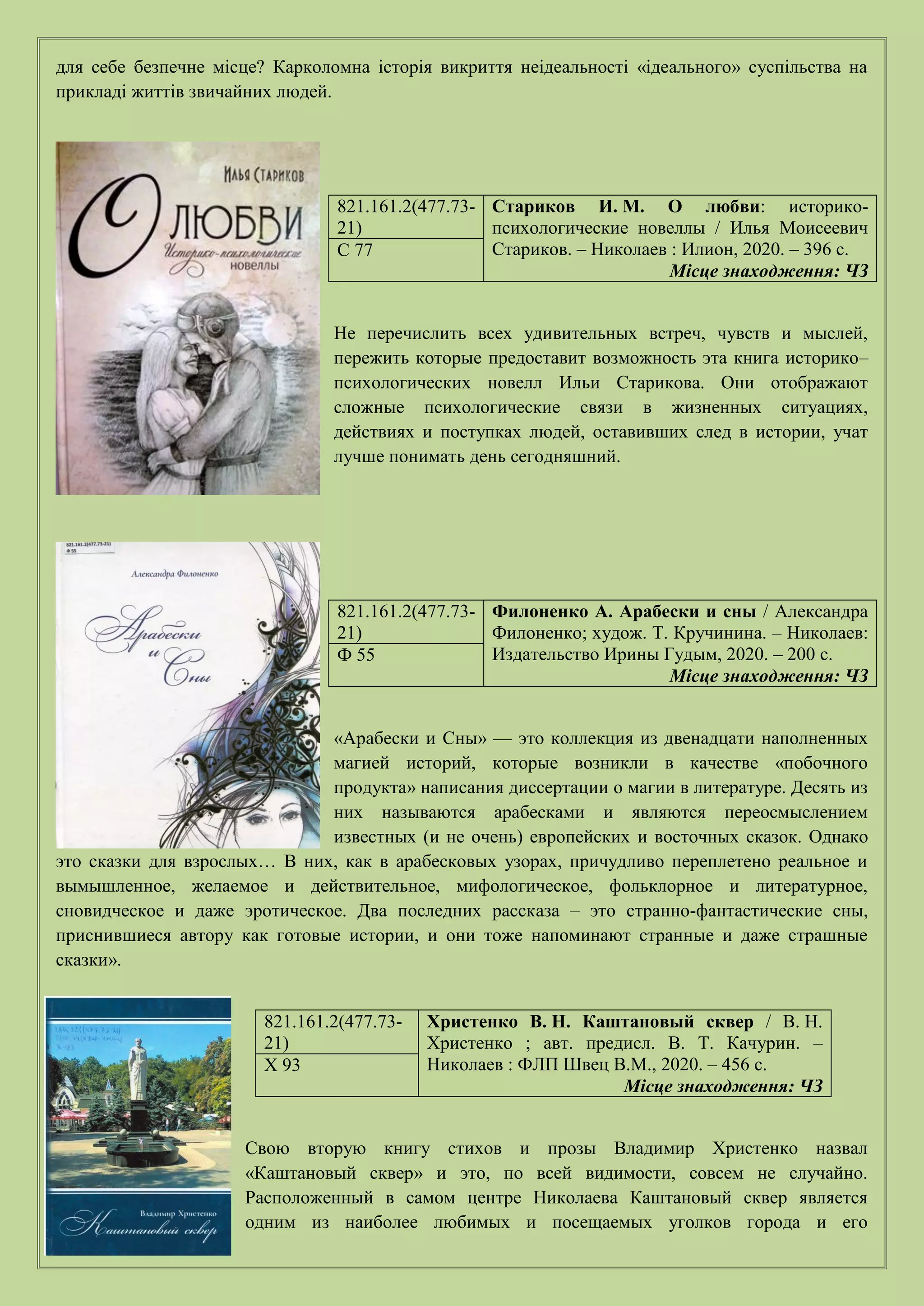 для себе безпечне місце? Карколомна історія викриття неідеальності «ідеального» суспільства на
прикладі життів звичайних людей.
Не перечислить всех удивительных встреч, чувств и мыслей,
пережить которые предоставит возможность эта книга историко–
психологических новелл Ильи Старикова. Они отображают
сложные психологические связи в жизненных ситуациях,
действиях и поступках людей, оставивших след в истории, учат
лучше понимать день сегодняшний.
«Арабески и Сны» — это коллекция из двенадцати наполненных
магией историй, которые возникли в качестве «побочного
продукта» написания диссертации о магии в литературе. Десять из
них называются арабесками и являются переосмыслением
известных (и не очень) европейских и восточных сказок. Однако
это сказки для взрослых… В них, как в арабесковых узорах, причудливо переплетено реальное и
вымышленное, желаемое и действительное, мифологическое, фольклорное и литературное,
сновидческое и даже эротическое. Два последних рассказа – это странно-фантастические сны,
приснившиеся автору как готовые истории, и они тоже напоминают странные и даже страшные
сказки».
Свою вторую книгу стихов и прозы Владимир Христенко назвал
«Каштановый сквер» и это, по всей видимости, совсем не случайно.
Расположенный в самом центре Николаева Каштановый сквер является
одним из наиболее любимых и посещаемых уголков города и его
821.161.2(477.73-
21)
Стариков И. М. О любви: историко-
психологические новеллы / Илья Моисеевич
Стариков. – Николаев : Илион, 2020. – 396 с.
Місце знаходження: ЧЗ
C 77
821.161.2(477.73-
21)
Филоненко А. Арабески и сны / Александра
Филоненко; худож. Т. Кручинина. – Николаев:
Издательство Ирины Гудым, 2020. – 200 с.
Місце знаходження: ЧЗ
Ф 55
821.161.2(477.73-
21)
Христенко В. Н. Каштановый сквер / В. Н.
Христенко ; авт. предисл. В. Т. Качурин. –
Николаев : ФЛП Швец В.М., 2020. – 456 с.
Місце знаходження: ЧЗ
Х 93
 