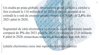 Un studiu pe piața globală: dimensiunea pieței globale a cărților a
fost evaluată la 116 miliarde € în 2020 și este de așteptat să se
extindă la o rată de creștere anuală compusă (CAGR) de 2,4% din
2021 până în 2028.
Segmentul de cărți electronice va crește la o rată de creștere anuală
compusă de 3% din 2021 până în 2028 – evaluare de 23,8 miliarde
€ până în 2028. (Global Books Market Size & Share Report, 2021-2028, 2021)
(cărțile electronice cresc mai rapid decât cărțile clasice)
17
 
