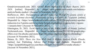 ▪ Grandviewresearch.com. 2021. Global Books Market Size & Share Report, 2021-
2028. [online] Disponibil la: <https://www.grandviewresearch.com/industry-
analysis/books-market> [Accesat 16 Noiembrie 2021].
▪ HotNews.ro. 2021. Parlamentul a aprobat reducerea TVA la 5% pentru cărțile și
revistele în format electronic. Prevederea va intra în vigoare la 1 ianuarie. [online]
Disponibil la: <https://www.hotnews.ro/stiri-cultura-25183256-parlamentul-aprobat-
reducerea-tva-5-pentru-cartile-revistele-format-electronic-prevederea-intra-vigoare-
1-ianuarie.htm> [Accesat 16 Noiembrie 2021].
▪ Etherington, D., 2021. TechCrunch is part of the Yahoo family of brands. [online]
Techcrunch.com. Disponibil la: <https://techcrunch.com/2013/03/06/google-play-
offers-over-5m-ebooks-and-more-than-18m-songs-one-year-after-its-rebranding/>
[Accesat 16 Noiembrie 2021].
▪ Haines, D., 2021. There Are Now Well Over 6 Million Amazon Kindle Ebooks.
[online] Just Publishing Advice For Writers and Authors. Disponibil la:
<https://justpublishingadvice.com/there-are-now-over-5-million-kindle-ebooks/>
[Accesat 16 Noiembrie 2021].
54
 