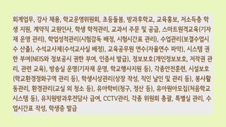 ????, ?? ??, ???????, ????, ?????, ????, ???? ?
? ??, ??? ????, ?? ????, ??? ?? ? ??, ???????(??
? ?? ??), ??????(???? ??, ????? ??), ????(?????
? ??), ?????(????? ??), ????? ??(???? ??), ??? ?
? ??(NEIS? ???? ?? ??, ??? ??), ????(??????, ??? ?
?, ?? ??), ??? ??(??? ??, ?????? ?), ??????, ????
(???????? ?? ?), ??????(?? ??, ?? ?? ? ?? ?), ???
???, ????(?? ? ?? ?), ????(??, ?? ?), ??????(????
??? ?), ????????? ??, CCTV??, ?? ??? ??, ??? ??, ?
???? ??, ??? ??
 