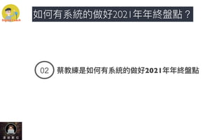 !" 蔡教練是如何有系統的做好2021年年終盤點
如何有系統的做好2021年年終盤點？
 