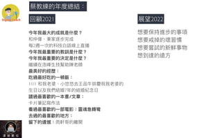 今年我最⼤的成就是什麼？
和仲偉、秉家逐步完成
每2週⼀次的科技⽩話線上直播
今年我最重要的教訓是什麼？
今年我最重要的決定是什麼？
繼續在浩峰⽣技幫助陳老師
最美好的經歷：
吃過最好吃的⼀頓飯：
11/1 和我老婆、⼩悠悠去王品⽜排慶祝我老婆的
⽣⽇以及我們結婚7年的結婚紀念⽇
讀過最喜歡的⼀本書/⽂章：
卡片筆記寫作法
看過最喜歡的⼀部電影：靈魂急轉彎
去過的最喜歡的地⽅：
留下的遺憾：雨軒哥的離開
蔡教練的年度總結：
回顧2021 展望2022
想要保持進步的事項
想要戒掉的壞習慣
想要嘗試的新鮮事物
想到達的遠⽅
 