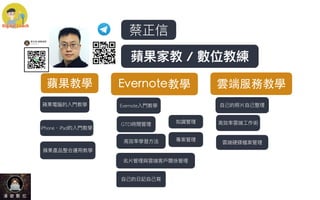 蘋果教學 Evernote教學 雲端服務教學
蘋果電腦的入⾨教學
iPhone、iPad的入⾨教學
蘋果產品整合運⽤教學
Evernote入⾨教學 ⾃⼰的照片⾃⼰整理
GTD時間管理 知識管理
專案管理
⾼效率學習⽅法
名片管理與雲端客⼾關係管理
⾼效率雲端⼯作術
蔡正信
蘋果家教 / 數位教練
雲端硬碟檔案管理
⾃⼰的⽇記⾃⼰寫
 