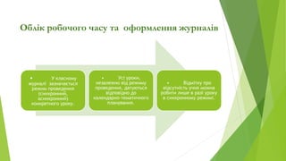 • У класному
журналі зазначається
режим проведення
(синхронний,
асинхронний)
конкретного уроку.
• Усі уроки,
незалежно від режиму
проведення, датуються
відповідно до
календарно-тематичного
планування.
• Відмітку про
відсутність учня можна
робити лише в разі уроку
в синхронному режимі.
Облік робочого часу та оформлення журналів
 