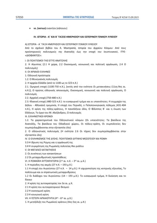 ΕΦΗΜΕΡΙ∆Α TΗΣ ΚΥΒΕΡΝΗΣΕΩΣ
57050 Τεύχος B’4254/15.09.2021
• vs. (versus) εναντίον (κάποιου)
IV. ΙΣΤΟΡΙΑ - Α΄ ΚΑΙ Β΄ ΤΑΞΕΙΣ ΗΜΕΡΗΣΙΟΥ ΚΑΙ ΕΣΠΕΡΙΝΟΥ ΓΕΝΙΚΟΥ ΛΥΚΕΙΟΥ
Α) ΙΣΤΟΡΙΑ - Α΄ ΤΑΞΗ ΗΜΕΡΗΣΙΟΥ ΚΑΙ ΕΣΠΕΡΙΝΟΥ ΓΕΝΙΚΟΥ ΛΥΚΕΙΟΥ
Από το σχολικό βιβλίο του Α. Μαστραπά, Ιστορία του Αρχαίου Κόσμου: Από τους
προϊστορικούς πολιτισμούς της Ανατολής έως την εποχή του Ιουστινιανού, ΙΤΥΕ-
«ΔΙΟΦΑΝΤΟΣ»:
Ι. ΟΙ ΠΟΛΙΤΙΣΜΟΙ ΤΗΣ ΕΓΓΥΣ ΑΝΑΤΟΛΗΣ
2. Η Αίγυπτος (2.1 Η χώρα, 2.2 Οικονομική, κοινωνική και πολιτική οργάνωση, 2.4 Ο
πολιτισμός)
ΙΙ. ΟΙ ΑΡΧΑΙΟΙ ΕΛΛΗΝΕΣ
1. Ελληνική προϊστορία
1.2. O Mυκηναϊκός πολιτισμός
2. Η αρχαία Ελλάδα (από το 1100 ως το 323 π.Χ.)
2.1. Ομηρική εποχή (1100-750 π.Χ.), [εκτός από την ενότητα Οι μετακινήσεις (11ος-9ος αι.
π.Χ.)], Ο πρώτος ελληνικός αποικισμός, Οικονομική, κοινωνική και πολιτική οργάνωση, Ο
πολιτισμός
2.2. Αρχαϊκή εποχή (750-480 π.Χ.)
2.3. Κλασική εποχή (480-323 π.Χ.): το εισαγωγικό τμήμα και οι υποενότητες: Η συμμαχία της
Δήλου - Αθηναϊκή ηγεμονία, Η εποχή του Περικλή, ο Πελοποννησιακός πόλεμος (431-404
π.Χ.), Η κρίση της πόλης-κράτους, Η πανελλήνια ιδέα, Ο Φίλιππος Β΄ και η ένωση των
Ελλήνων, Το έργο του Μ. Αλεξάνδρου, Ο πολιτισμός
ΙΙΙ. ΕΛΛΗΝΙΣΤΙΚΟΙ ΧΡΟΝΟΙ
1.2. Τα χαρακτηριστικά του Ελληνιστικού κόσμου (Οι υποενότητες: Τα βασίλεια της
Ανατολής, Τα βασίλεια του Ελλαδικού χώρου, Οι πόλεις–κράτη, Οι συμπολιτείες δεν
συμπεριλαμβάνονται στην εξεταστέα ύλη)
2. Ο ελληνιστικός πολιτισμός (Η ενότητα 2.6 Οι τέχνες δεν συμπεριλαμβάνεται στην
εξεταστέα ύλη)
IV. Ο ΕΛΛΗΝΙΣΜΟΣ ΤΗΣ ΔΥΣΗΣ. ΠΟΛΙΤΙΣΜΟΙ ΔΥΤΙΚΗΣ ΜΕΣΟΓΕΙΟΥ ΚΑΙ ΡΩΜΗ
3.3 Η ίδρυση της Ρώμης και η οργάνωσή της
3.4 Η συγκρότηση της Ρωμαϊκής πολιτείας-Res publica
V. OI MEΓΑΛΕΣ ΚΑΤΑΚΤΗΣΕΙΣ
2. Οι συνέπειες των κατακτήσεων
2.2 Οι μεταρρυθμιστικές προσπάθειες
VI. Η ΡΩΜΑΪΚΗ ΑΥΤΟΚΡΑΤΟΡΙΑ (1ος αι. π.Χ. – 3ος αι. μ.Χ.)
1. Η περίοδος της ακμής (27 π.Χ. – 193 μ.Χ.)
1.1 Η εποχή του Αυγούστου (27 π.Χ. – 14 μ.Χ.): Η ισχυροποίηση της κεντρικής εξουσίας, Το
πολίτευμα και οι στρατιωτικές μεταρρυθμίσεις
1.2 Οι διάδοχοι του Αυγούστου (14 – 193 μ.Χ.): Το εισαγωγικό τμήμα, Η διοίκηση και το
δίκαιο
2. Η κρίση της αυτοκρατορίας τον 3ο αι. μ.Χ.
2.1 Η κρίση του αυτοκρατορικού θεσμού
2.2 Η οικονομική κρίση
2.3 Η κοινωνική κρίση
VII. H ΥΣΤΕΡΗ ΑΡΧΑΙΟΤΗΤΑ (4ος - 6ος αι. μ.Χ.)
1. Η μετεξέλιξη του Ρωμαϊκού κράτους (4ος-5ος αι. μ.Χ.)
 
