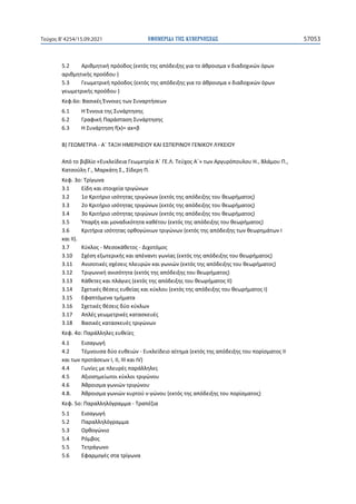 ΕΦΗΜΕΡΙ∆Α TΗΣ ΚΥΒΕΡΝΗΣΕΩΣ 57053
Τεύχος B’4254/15.09.2021
5.2 Αριθμητική πρόοδος (εκτός της απόδειξης για το άθροισμα ν διαδοχικών όρων
αριθμητικής προόδου )
5.3 Γεωμετρική πρόοδος (εκτός της απόδειξης για το άθροισμα ν διαδοχικών όρων
γεωμετρικής προόδου )
Κεφ.6ο: Βασικές Έννοιες των Συναρτήσεων
6.1 Η Έννοια της Συνάρτησης
6.2 Γραφική Παράσταση Συνάρτησης
6.3 Η Συνάρτηση f(x)= αx+β
Β) ΓΕΩΜΕΤΡΙΑ - Α΄ ΤΑΞΗ ΗΜΕΡΗΣΙΟΥ ΚΑΙ ΕΣΠΕΡΙΝΟΥ ΓΕΝΙΚΟΥ ΛΥΚΕΙΟΥ
Από το βιβλίο «Ευκλείδεια Γεωμετρία Α΄ ΓΕ.Λ. Τεύχος Α΄» των Αργυρόπουλου Η., Βλάμου Π.,
Κατσούλη Γ., Μαρκάτη Σ., Σίδερη Π.
Κεφ. 3ο: Τρίγωνα
3.1 Είδη και στοιχεία τριγώνων
3.2 1ο Κριτήριο ισότητας τριγώνων (εκτός της απόδειξης του θεωρήματος)
3.3 2ο Κριτήριο ισότητας τριγώνων (εκτός της απόδειξης του θεωρήματος)
3.4 3ο Κριτήριο ισότητας τριγώνων (εκτός της απόδειξης του θεωρήματος)
3.5 Ύπαρξη και μοναδικότητα καθέτου (εκτός της απόδειξης του θεωρήματος)
3.6 Κριτήρια ισότητας ορθογώνιων τριγώνων (εκτός της απόδειξης των θεωρημάτων Ι
και ΙΙ).
3.7 Κύκλος - Μεσοκάθετος - Διχοτόμος
3.10 Σχέση εξωτερικής και απέναντι γωνίας (εκτός της απόδειξης του θεωρήματος)
3.11 Ανισοτικές σχέσεις πλευρών και γωνιών (εκτός της απόδειξης του θεωρήματος)
3.12 Tριγωνική ανισότητα (εκτός της απόδειξης του θεωρήματος)
3.13 Κάθετες και πλάγιες (εκτός της απόδειξης του θεωρήματος ΙΙ)
3.14 Σχετικές θέσεις ευθείας και κύκλου (εκτός της απόδειξης του θεωρήματος Ι)
3.15 Εφαπτόμενα τμήματα
3.16 Σχετικές θέσεις δύο κύκλων
3.17 Απλές γεωμετρικές κατασκευές
3.18 Βασικές κατασκευές τριγώνων
Κεφ. 4ο: Παράλληλες ευθείες
4.1 Εισαγωγή
4.2 Τέμνουσα δύο ευθειών - Ευκλείδειο αίτημα (εκτός της απόδειξης του πορίσματος ΙΙ
και των προτάσεων Ι, ΙΙ, ΙΙΙ και ΙV)
4.4 Γωνίες με πλευρές παράλληλες
4.5 Αξιοσημείωτοι κύκλοι τριγώνου
4.6 Άθροισμα γωνιών τριγώνου
4.8. Άθροισμα γωνιών κυρτού ν-γώνου (εκτός της απόδειξης του πορίσματος)
Κεφ. 5ο: Παραλληλόγραμμα - Τραπέζια
5.1 Εισαγωγή
5.2 Παραλληλόγραμμα
5.3 Ορθογώνιο
5.4 Ρόμβος
5.5 Τετράγωνο
5.6 Εφαρμογές στα τρίγωνα
 