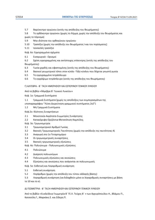 ΕΦΗΜΕΡΙ∆Α TΗΣ ΚΥΒΕΡΝΗΣΕΩΣ
57054 Τεύχος B’4254/15.09.2021
5.7 Βαρύκεντρο τριγώνου (εκτός της απόδειξης του θεωρήματος)
5.8 Το ορθόκεντρο τριγώνου (χωρίς το Λήμμα, χωρίς την απόδειξη του θεωρήματος και
χωρίς το πόρισμα)
5.9 Μια ιδιότητα του ορθογώνιου τριγώνου
5.10 Τραπέζιο (χωρίς την απόδειξη του θεωρήματος Ι και του πορίσματος)
5.11 Ισοσκελές τραπέζιο
Κεφ. 6ο: Εγγεγραμμένα σχήματα
6.1 Εισαγωγικά - Ορισμοί
6.2 Σχέση εγγεγραμμένης και αντίστοιχης επίκεντρης (εκτός της απόδειξης του
θεωρήματος)
6.3 Γωνία χορδής και εφαπτομένης (εκτός της απόδειξης του θεωρήματος)
6.4 Βασικοί γεωμετρικοί τόποι στον κύκλο -Τόξο κύκλου που δέχεται γνωστή γωνία
6.5 Το εγγεγραμμένο τετράπλευρο
6.6 Το εγγράψιμο τετράπλευρο (εκτός της απόδειξης του θεωρήματος)
Γ) ΑΛΓΕΒΡΑ - Β΄ ΤΑΞΗ ΗΜΕΡΗΣΙΟΥ ΚΑΙ ΕΣΠΕΡΙΝΟΥ ΓΕΝΙΚΟΥ ΛΥΚΕΙΟΥ
Από το βιβλίο «Άλγεβρα Β΄ Γενικού Λυκείου»
Κεφ. 1ο: Γραμμικά Συστήματα
1.1 Γραμμικά Συστήματα (χωρίς τις αποδείξεις των συμπερασμάτων της
υποπαραγράφου Λύση-Διερεύνηση γραμμικού συστήματος 2x2)
1.2 Μη Γραμμικά Συστήματα
Κεφ.2ο: Ιδιότητες Συναρτήσεων
2.1 Μονοτονία-Ακρότατα-Συμμετρίες Συνάρτησης
2.2 Κατακόρυφη-Οριζόντια Μετατόπιση Καμπύλης
Κεφ. 3ο: Τριγωνομετρία
3.1 Τριγωνομετρικοί Αριθμοί Γωνίας
3.2 Βασικές Τριγωνομετρικές Ταυτότητες (χωρίς την απόδειξη της ταυτότητας 4)
3.3 Αναγωγή στο 1o Τεταρτημόριο
3.4 Οι τριγωνομετρικές συναρτήσεις
3.5 Βασικές τριγωνομετρικές εξισώσεις
Κεφ. 4ο: Πολυώνυμα - Πολυωνυμικές εξισώσεις
4.1 Πολυώνυμα
4.2 Διαίρεση πολυωνύμων
4.3 Πολυωνυμικές εξισώσεις και ανισώσεις
4.4 Εξισώσεις και ανισώσεις που ανάγονται σε πολυωνυμικές
Κεφ. 5ο: Εκθετική και Λογαριθμική συνάρτηση
5.1 Εκθετική συνάρτηση
5.2 Λογάριθμοι (χωρίς την απόδειξη του τύπου αλλαγής βάσης)
5.3 Λογαριθμική συνάρτηση (να διδαχθούν μόνο οι λογαριθμικές συναρτήσεις με βάση
το 10 και το e).
Δ) ΓΕΩΜΕΤΡΙΑ - Β΄ ΤΑΞΗ ΗΜΕΡΗΣΙΟΥ ΚΑΙ ΕΣΠΕΡΙΝΟΥ ΓΕΝΙΚΟΥ ΛΥΚΕΙΟΥ
Από το βιβλίο «Ευκλείδεια Γεωμετρία Β΄ ΓΕ.Λ. Τεύχος Β΄ » των Αργυρόπουλου Η., Βλάμου Π.,
Κατσούλη Γ., Μαρκάκη Σ. και Σίδερη Π.
 