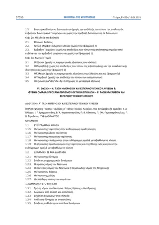 ΕΦΗΜΕΡΙ∆Α TΗΣ ΚΥΒΕΡΝΗΣΕΩΣ
57056 Τεύχος B’4254/15.09.2021
1.5. Εσωτερικό Γινόμενο Διανυσμάτων (χωρίς την απόδειξη του τύπου της αναλυτικής
έκφρασης Εσωτερικού Γινομένου και χωρίς την προβολή διανύσματος σε διάνυσμα)
Κεφ. 2ο: Η Ευθεία στο Επίπεδο
2.1. Εξίσωση Ευθείας
2.2. Γενική Μορφή Εξίσωσης Ευθείας (χωρίς την Εφαρμογή 2)
2.3. Εμβαδόν Τριγώνου (χωρίς τις αποδείξεις των τύπων της απόστασης σημείου από
ευθεία και του εμβαδού τριγώνου και χωρίς την Εφαρμογή 1)
Κεφ. 3ο: Κωνικές Τομές
3.1 Ο Κύκλος (χωρίς τις παραμετρικές εξισώσεις του κύκλου)
3.2 Η Παραβολή (χωρίς τις αποδείξεις του τύπου της εφαπτομένης και της ανακλαστικής
ιδιότητας και χωρίς την Εφαρμογή 1)
3.3 Η Έλλειψη (χωρίς τις παραμετρικές εξισώσεις της έλλειψης και τις Εφαρμογές)
3.4 Η Υπερβολή (χωρίς την απόδειξη του τύπου των ασύμπτωτων)
3.5 Η Εξίσωση Αx²+Βy²+Γx+Δy+Ε=0 (χωρίς τη μεταφορά αξόνων)
VI. ΦΥΣΙΚΗ – Α΄ ΤΑΞΗ ΗΜΕΡΗΣΙΟΥ ΚΑΙ ΕΣΠΕΡΙΝΟΥ ΓΕΝΙΚΟΥ ΛΥΚΕΙΟΥ 
ΦΥΣΙΚΗ ΟΜΑΔΑΣ ΠΡΟΣΑΝΑΤΟΛΙΣΜΟΥ ΘΕΤΙΚΩΝ ΣΠΟΥΔΩΝ – Β΄ ΤΑΞΗ ΗΜΕΡΗΣΙΟΥ ΚΑΙ
ΕΣΠΕΡΙΝΟΥ ΓΕΝΙΚΟΥ ΛΥΚΕΙΟΥ
Α) ΦΥΣΙΚΗ - Α΄ ΤΑΞΗ ΗΜΕΡΗΣΙΟΥ ΚΑΙ ΕΣΠΕΡΙΝΟΥ ΓΕΝΙΚΟΥ ΛΥΚΕΙΟΥ
ΒΙΒΛΙΟ: Φυσική Γενικής Παιδείας Α’ Τάξης Γενικού Λυκείου, της συγγραφικής ομάδας: Ι. Α.
Βλάχου, Ι. Γ. Γραμματικάκη, Β. Α. Καραπαναγιώτη, Π. Β. Κόκκοτα, Π. ΕΜ. Περιστερόπουλου, Γ.
Β. Τιμοθέου, ΙΤΥΕ-ΔΙΟΦΑΝΤΟΣ
ΜΗΧΑΝΙΚΗ
1.1 ΕΥΘΥΓΡΑΜΜΗ ΚΙΝΗΣΗ
1.1.5 Η έννοια της ταχύτητας στην ευθύγραμμη ομαλή κίνηση
1.1.6 Η έννοια της μέσης ταχύτητας
1.1.7 Η έννοια της στιγμιαίας ταχύτητας
1.1.8 Η έννοια της επιτάχυνσης στην ευθύγραμμη ομαλά μεταβαλλόμενη κίνηση
1.1.9 Οι εξισώσεις προσδιορισμού της ταχύτητας και της θέσης ενός κινητού στην
ευθύγραμμη ομαλά μεταβαλλόμενη κίνηση
1.2 ΔΥΝΑΜΙΚΗ ΣΕ ΜΙΑ ΔΙΑΣΤΑΣΗ
1.2.1 Η έννοια της δύναμης
1.2.2 Σύνθεση συγγραμμικών δυνάμεων
1.2.3 Ο πρώτος νόμος του Νεύτωνα
1.2.4 Ο δεύτερος νόμος του Νεύτωνα ή Θεμελιώδης νόμος της Μηχανικής
1.2.5 Η έννοια του Βάρους
1.2.6 Η έννοια της μάζας
1.2.7 Η ελεύθερη πτώση των σωμάτων
1.3 ΔΥΝΑΜΙΚΗ ΣΤΟ ΕΠΙΠΕΔΟ
1.3.1 Τρίτος νόμος του Νεύτωνα. Νόμος Δράσης – Αντίδρασης
1.3.2 Δυνάμεις από επαφή και απόσταση
1.3.3 Σύνθεση δυνάμεων στο επίπεδο
1.3.4 Ανάλυση δύναμης σε συνιστώσες
1.3.5 Σύνθεση πολλών ομοεπιπέδων δυνάμεων
 